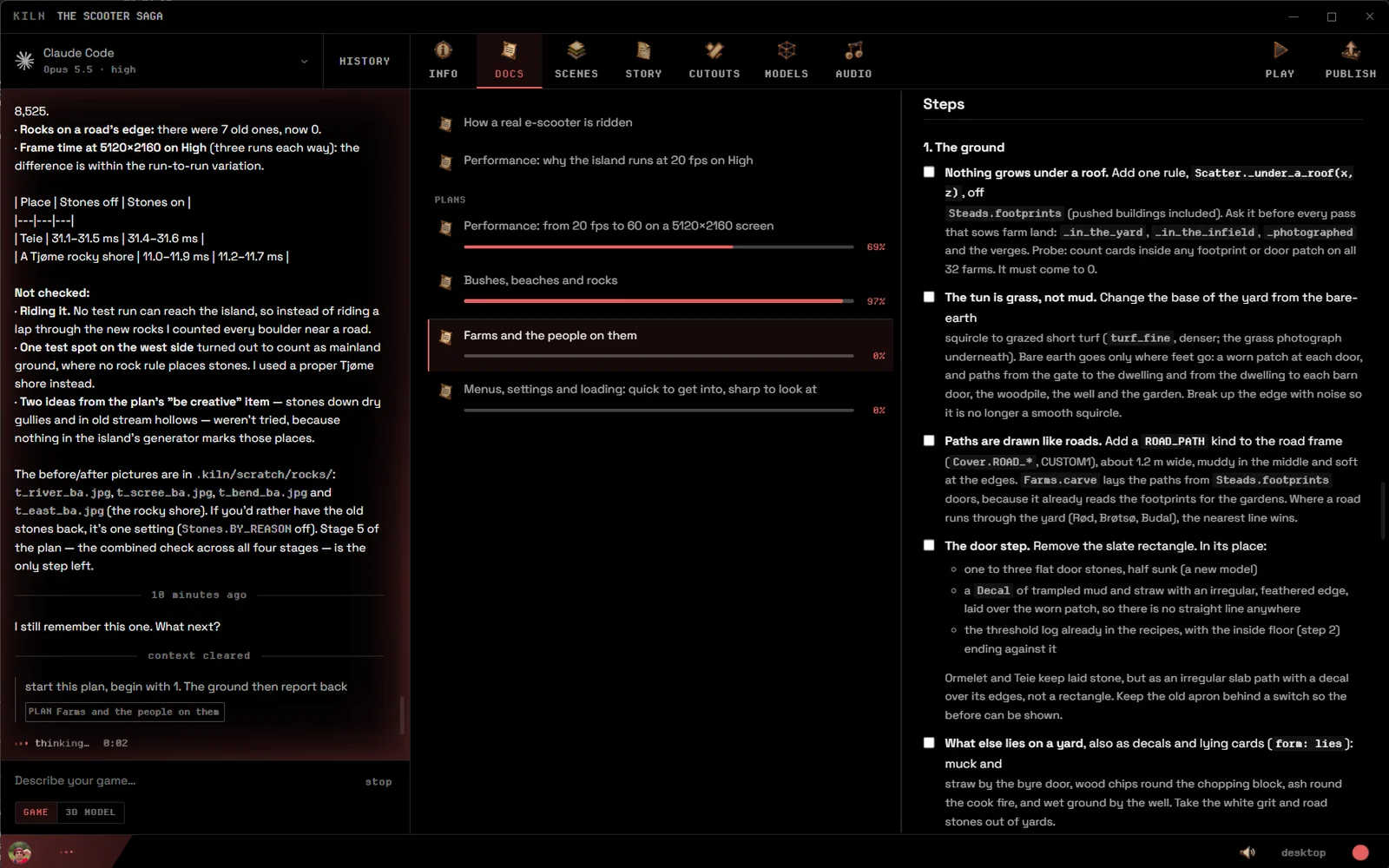 Kiln working through a plan from the game’s docs, the chat glowing while it thinks