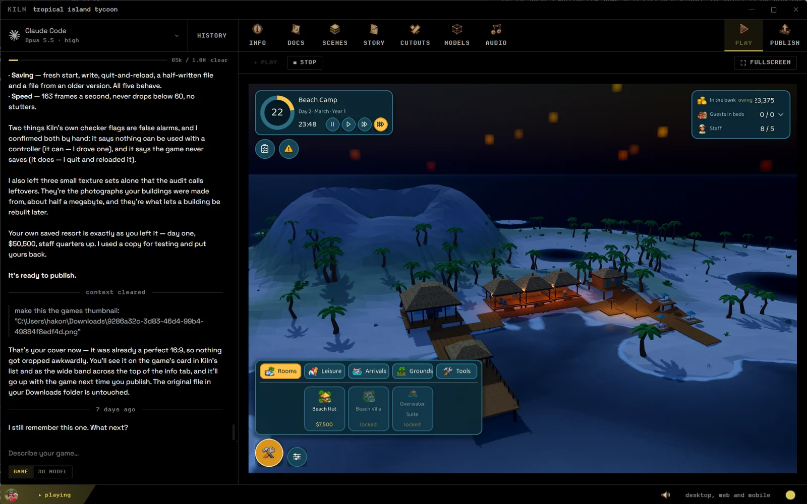 A tropical island tycoon game running inside Kiln